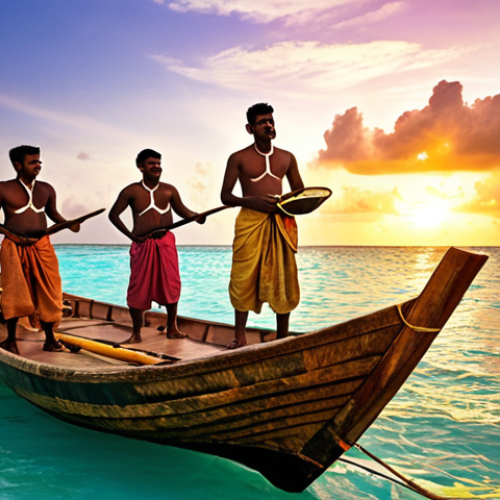 Home 14 A group of Maldivian fishermen in traditional attire singing Bodu songs on a wooden boat at sunset. The scene should include traditional drums and local instruments, with vibrant colors reflecting the Maldivian culture.