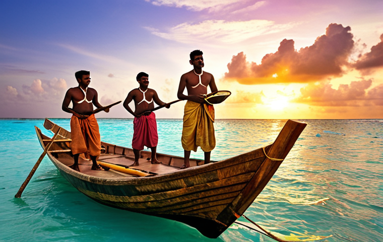 A group of Maldivian fishermen in traditional attire singing Bodu songs on a wooden boat at sunset. The scene should include traditional drums and local instruments, with vibrant colors reflecting the Maldivian culture.