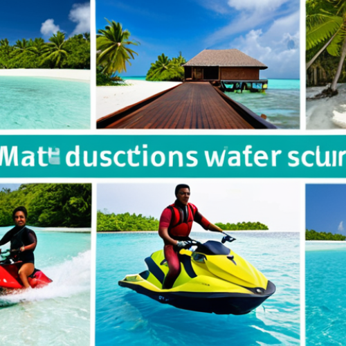 Home 13 **
A collage showcasing the life of a water sports instructor in the Maldives. Include smaller images of the instructor: training someone in scuba diving, riding a jet ski, enjoying provided accommodation, and interacting with fellow resort staff. The overall tone should be aspirational and highlight the perks of the job, such as free housing, food, and healthcare benefits.