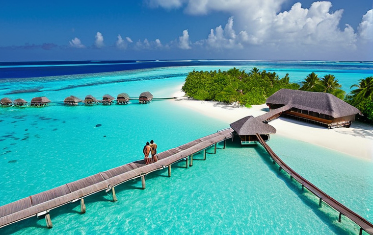 **
A beautiful Maldivian resort with crystal clear turquoise water, white sand beaches, and overwater bungalows. Include diverse tourists enjoying various activities such as snorkeling, diving, and relaxing on the beach. Capture the essence of a luxurious and peaceful tropical vacation.
**