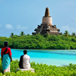 **

A serene Maldivian island scene featuring ancient Buddhist stupa ruins partially overgrown with lush vegetation. In the background, the turquoise ocean meets a clear sky. Include faint, ethereal figures in traditional Maldivian clothing observing the ruins, hinting at the island's pre-Islamic past. Safe for work, appropriate content, fully clothed figures, family-friendly, professional quality, perfect anatomy, natural proportions, historical context.

**