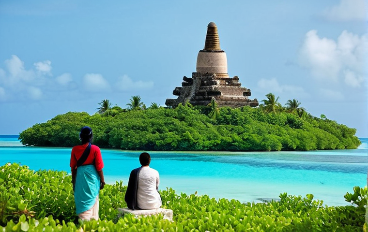 **

A serene Maldivian island scene featuring ancient Buddhist stupa ruins partially overgrown with lush vegetation. In the background, the turquoise ocean meets a clear sky. Include faint, ethereal figures in traditional Maldivian clothing observing the ruins, hinting at the island's pre-Islamic past. Safe for work, appropriate content, fully clothed figures, family-friendly, professional quality, perfect anatomy, natural proportions, historical context.

**