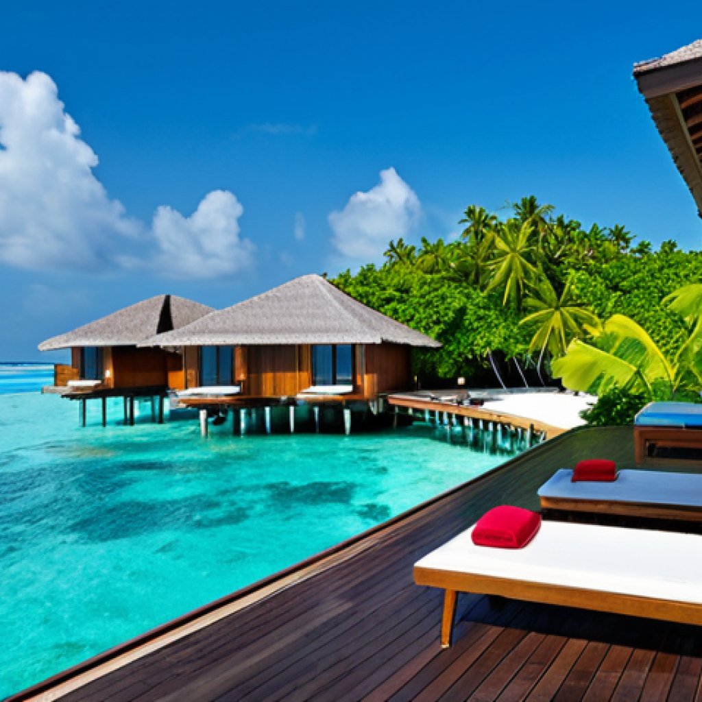 St. Regis Vommuli Resort**

"A luxurious overwater bungalow at The St. Regis Vommuli Resort in the Maldives, with a private pool overlooking the turquoise ocean, fully clothed people enjoying the view from the deck, lush tropical foliage surrounding the villa, clear blue sky, safe for work, appropriate content, perfect anatomy, natural proportions, professional photography, high quality, family-friendly."

**
