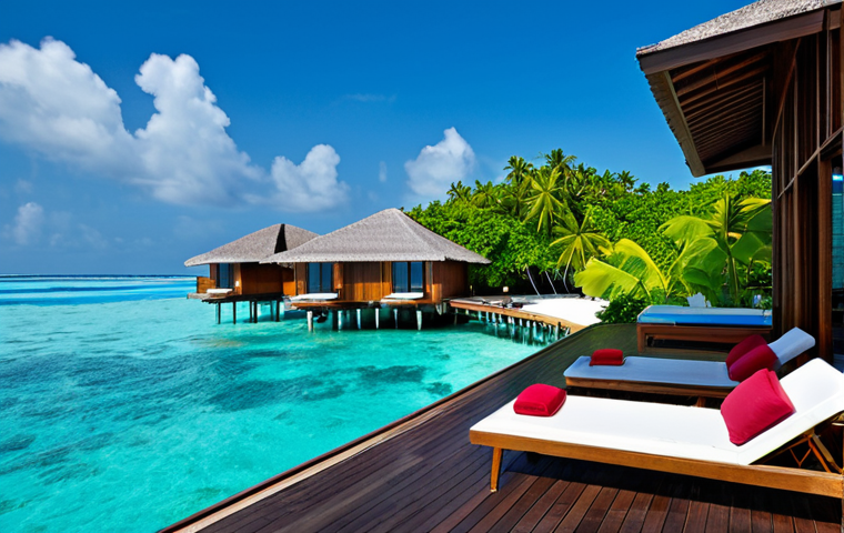 St. Regis Vommuli Resort**

"A luxurious overwater bungalow at The St. Regis Vommuli Resort in the Maldives, with a private pool overlooking the turquoise ocean, fully clothed people enjoying the view from the deck, lush tropical foliage surrounding the villa, clear blue sky, safe for work, appropriate content, perfect anatomy, natural proportions, professional photography, high quality, family-friendly."

**