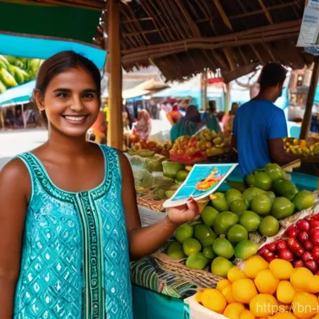 몰디브 디베히 배우기 - **Prompt:** A cheerful young female tourist with light brown hair, wearing a modest, knee-length sun...