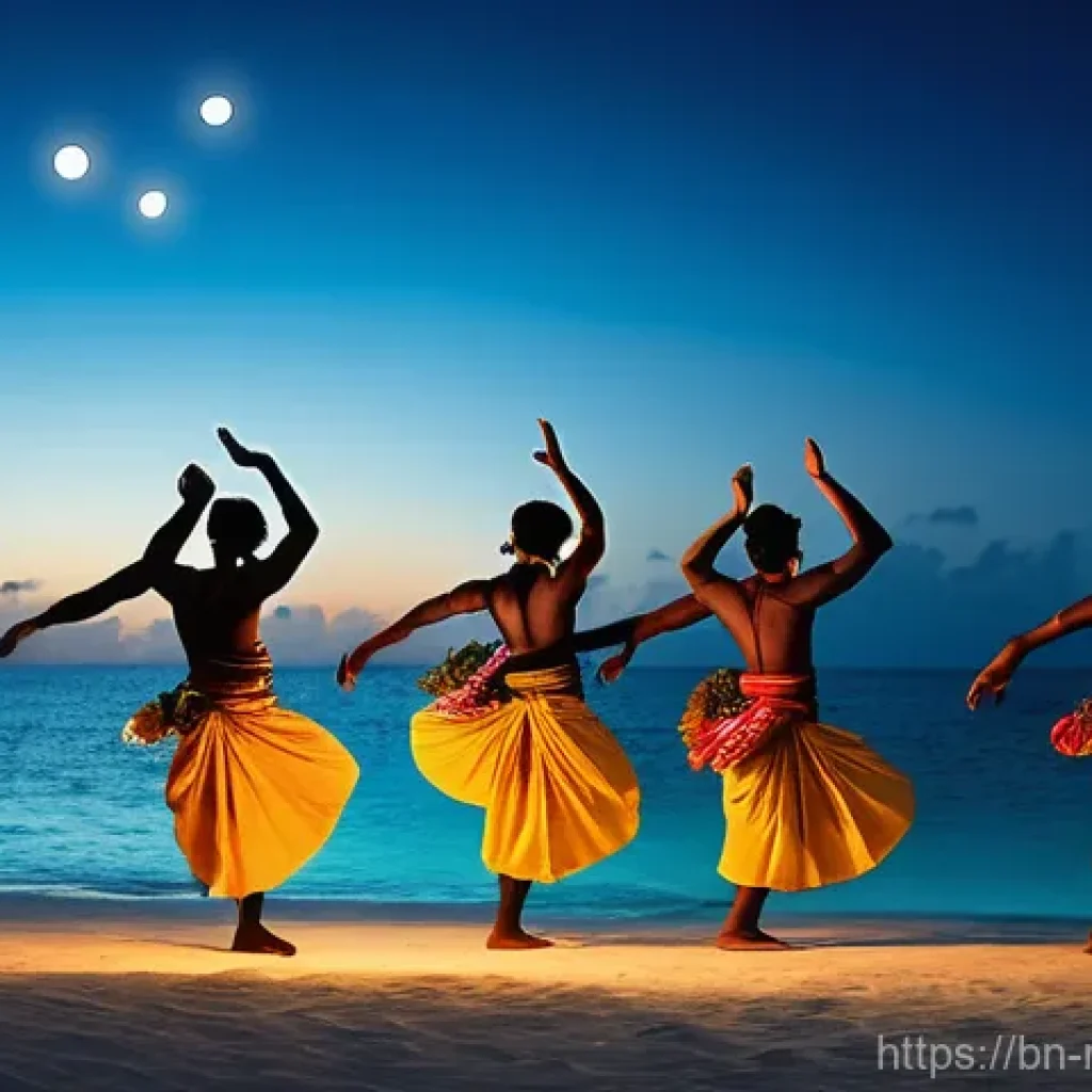 몰디브 전통 춤 디바루 - **Prompt:** A vibrant and authentic performance of the Maldivian Dhivehi Ruh dance on a moonlit beac...