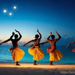몰디브 전통 춤 디바루 - **Prompt:** A vibrant and authentic performance of the Maldivian Dhivehi Ruh dance on a moonlit beac...