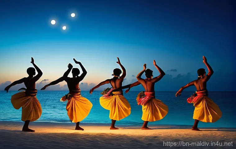 몰디브 전통 춤 디바루 - **Prompt:** A vibrant and authentic performance of the Maldivian Dhivehi Ruh dance on a moonlit beac...
