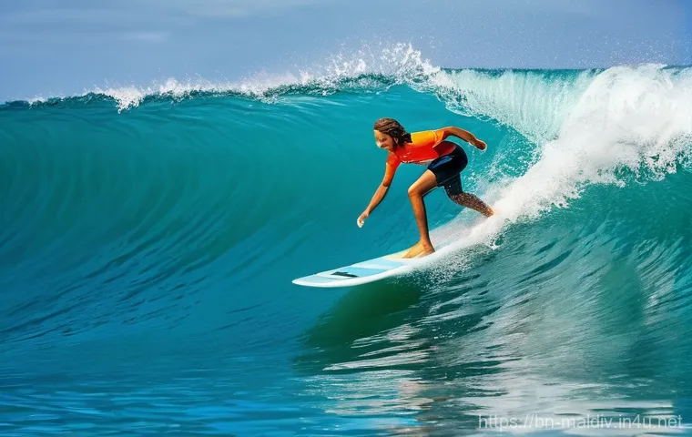 몰디브 대표 스포츠 보드 - **Maldives Surfing Adventure:** A vibrant, sun-drenched scene capturing surfers enjoying the world-c...