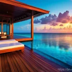 몰디브와 발리 비교 - Maldives Sunset Serenity**
"An incredibly luxurious overwater villa in the Maldives, bathed in the ...