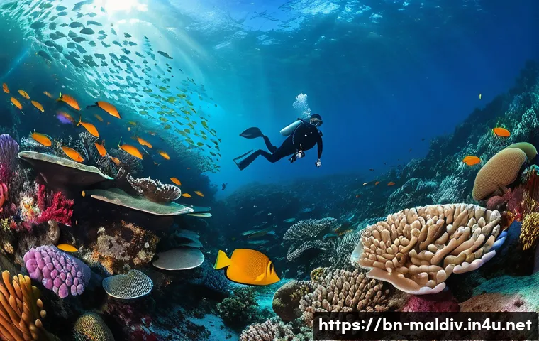 몰디브 다이빙 포인트 - **"Vibrant Maldivian Coral Reef Exploration"**
An underwater wide-angle shot of a diverse and ex...