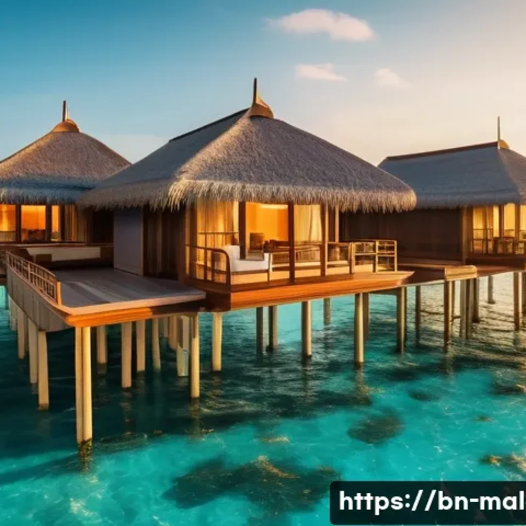 몰디브 여행 유튜브 채널 - A luxurious overwater bungalow resort in the Maldives during sunset, featuring private swimming pool...