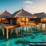 몰디브 여행 유튜브 채널 - A luxurious overwater bungalow resort in the Maldives during sunset, featuring private swimming pool...