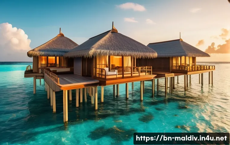 몰디브 여행 유튜브 채널 - A luxurious overwater bungalow resort in the Maldives during sunset, featuring private swimming pool...