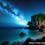 몰디브의 독특한 전설 - A mystical nighttime scene along the Maldivian coastline, featuring ancient rocky caves and jagged c...
