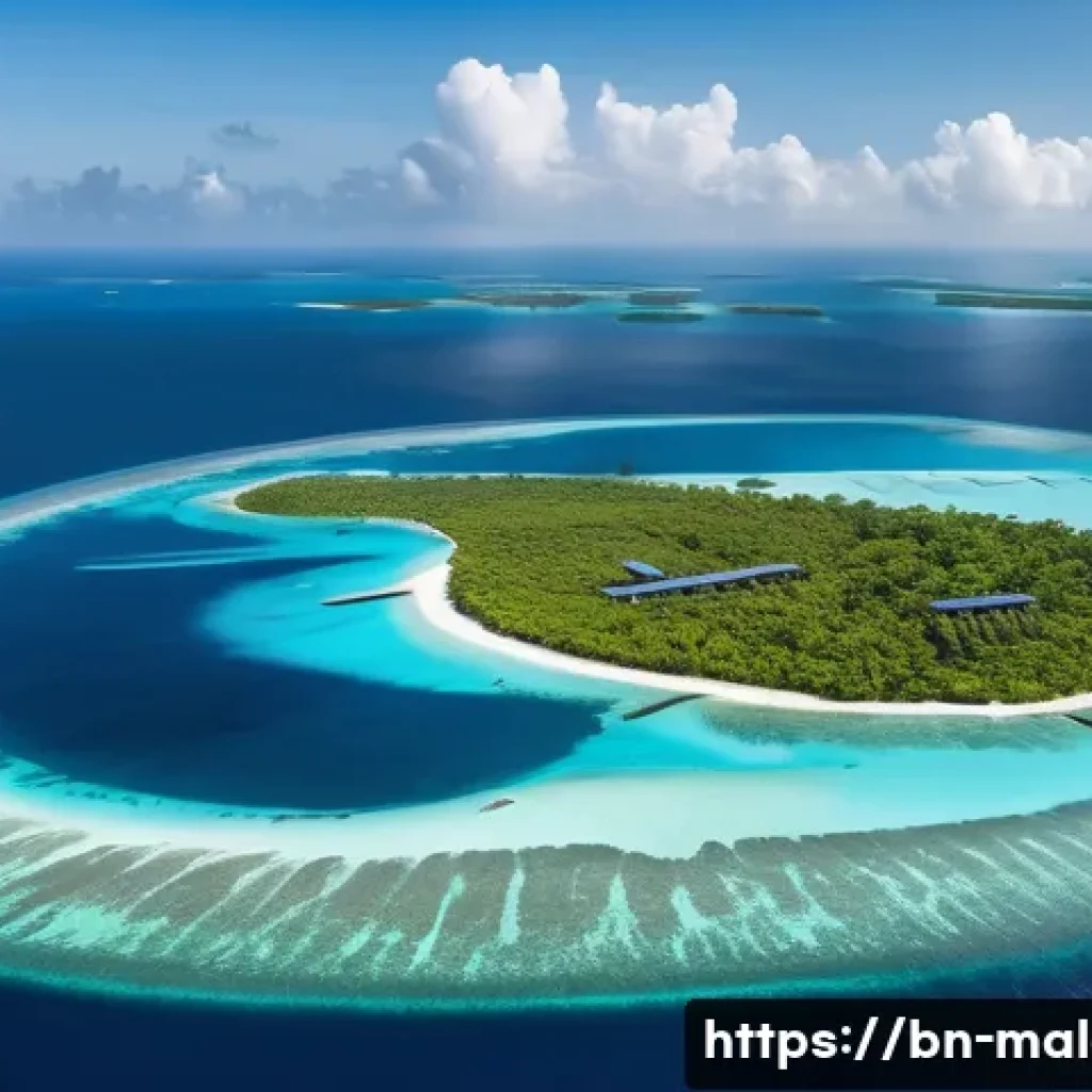 몰디브 전기 공급 현황 - A detailed aerial view of the Maldives archipelago showcasing multiple small islands each equipped w...
