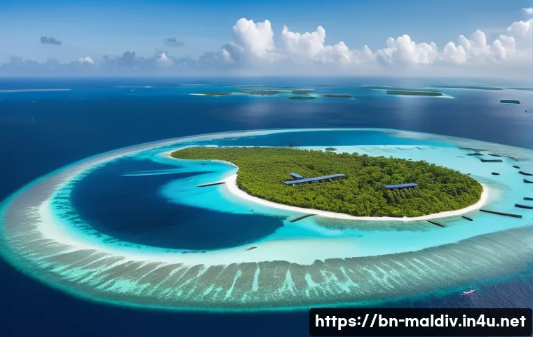 몰디브 전기 공급 현황 - A detailed aerial view of the Maldives archipelago showcasing multiple small islands each equipped w...