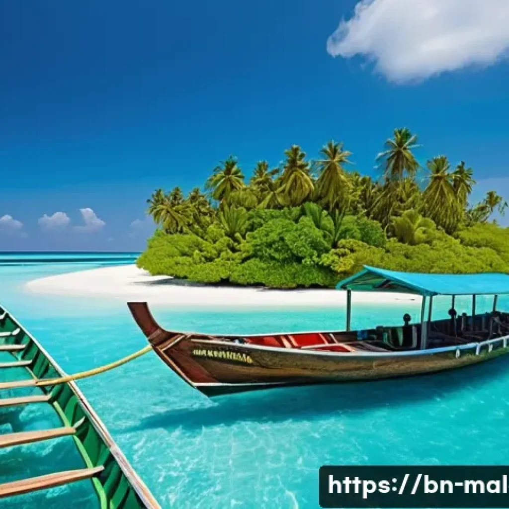 몰디브 로컬 교통 수단 - A traditional Maldivian "Dhoni" boat floating gently on crystal-clear turquoise waters under a brigh...