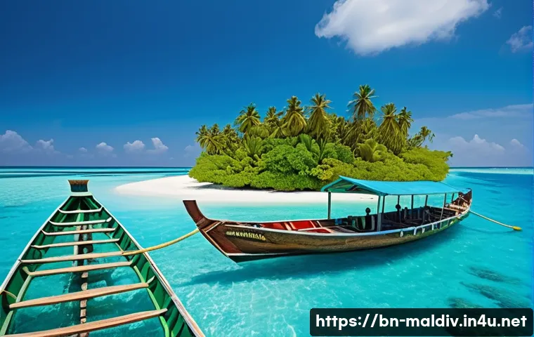 몰디브 로컬 교통 수단 - A traditional Maldivian "Dhoni" boat floating gently on crystal-clear turquoise waters under a brigh...