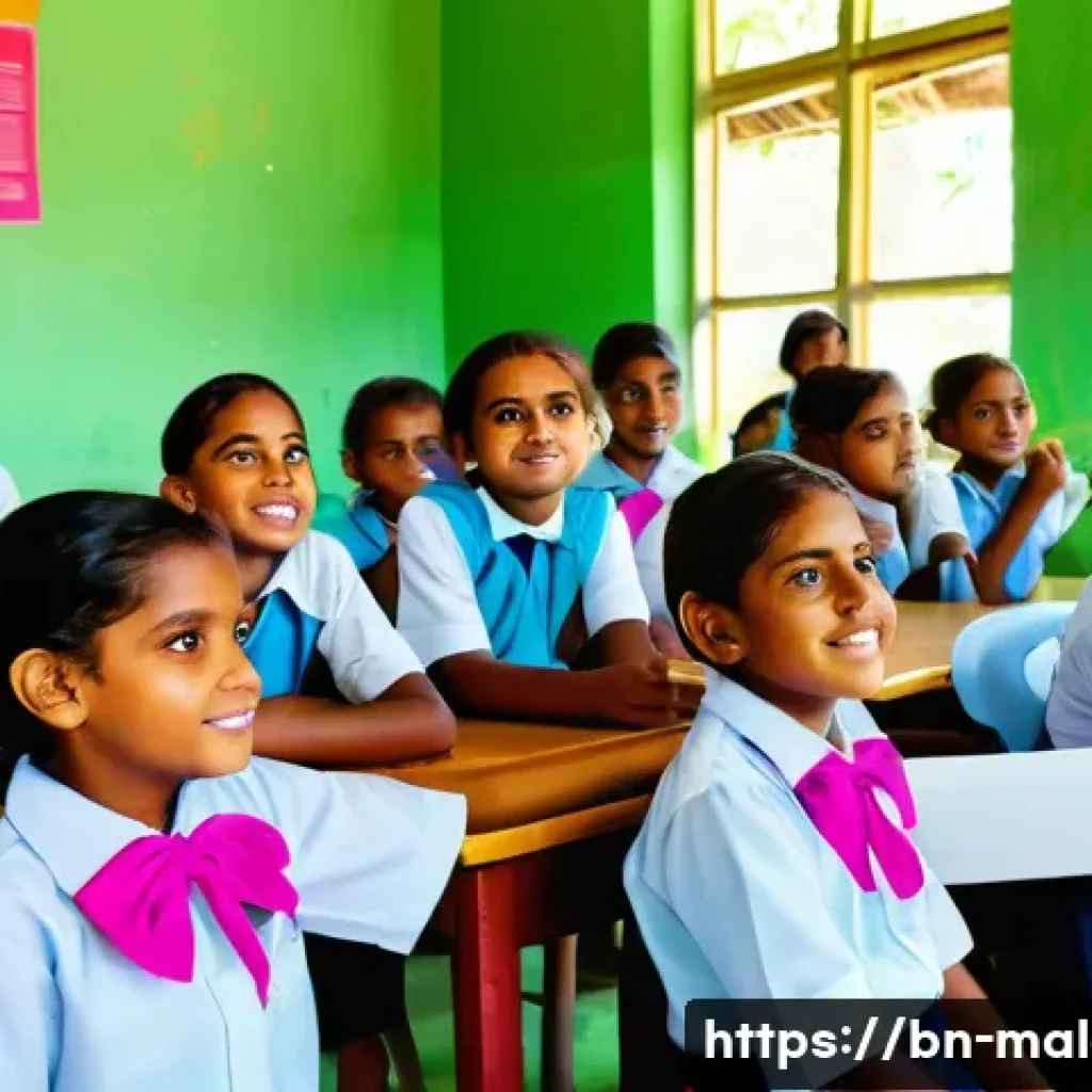 몰디브 NGO 단체 - A vibrant rural Maldivian classroom scene showing a group of children wearing colorful school unifor...