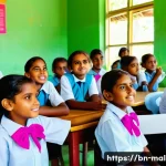 몰디브 NGO 단체 - A vibrant rural Maldivian classroom scene showing a group of children wearing colorful school unifor...