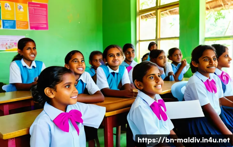 몰디브 NGO 단체 - A vibrant rural Maldivian classroom scene showing a group of children wearing colorful school unifor...