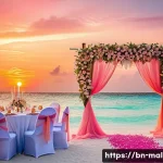 몰디브 결혼식 장소 - A luxurious beach wedding resort in the Maldives at sunset, featuring pristine white sand and crysta...