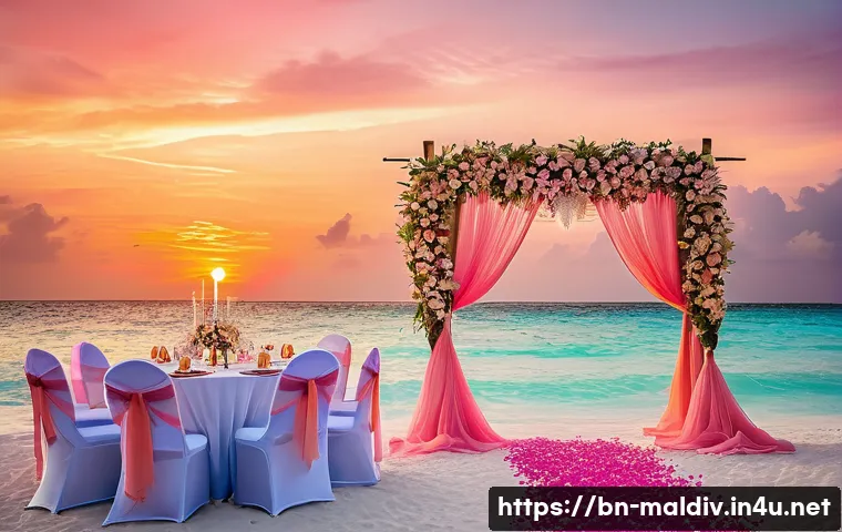 몰디브 결혼식 장소 - A luxurious beach wedding resort in the Maldives at sunset, featuring pristine white sand and crysta...