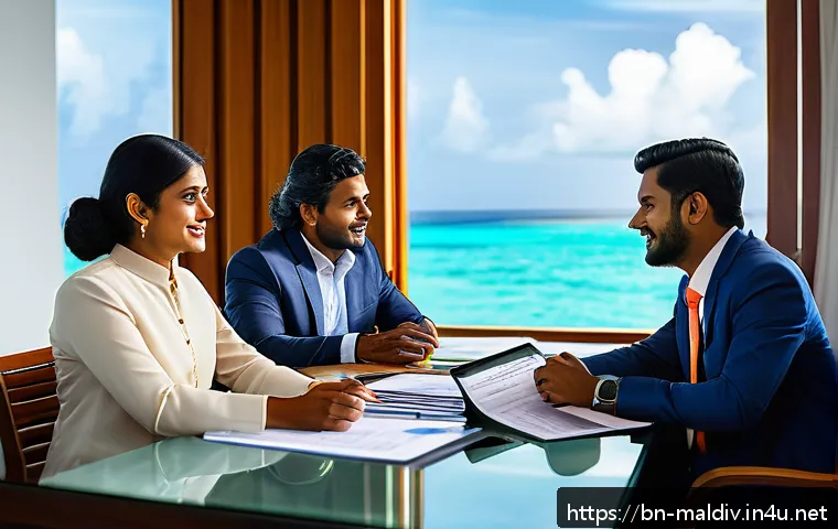 몰디브 무역 파트너 - A detailed business meeting scene in the Maldives featuring diverse local Bengali-speaking professio...