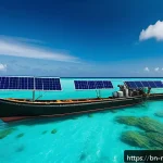몰디브 어업 산업 - A vibrant scene depicting Maldivian fishermen using modern technology: a small fishing boat equipped...