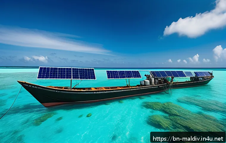 몰디브 어업 산업 - A vibrant scene depicting Maldivian fishermen using modern technology: a small fishing boat equipped...