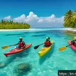 몰디브 워터스포츠 강사 - A skilled watersports instructor teaching a diverse group of tourists in the Maldives, all wearing c...