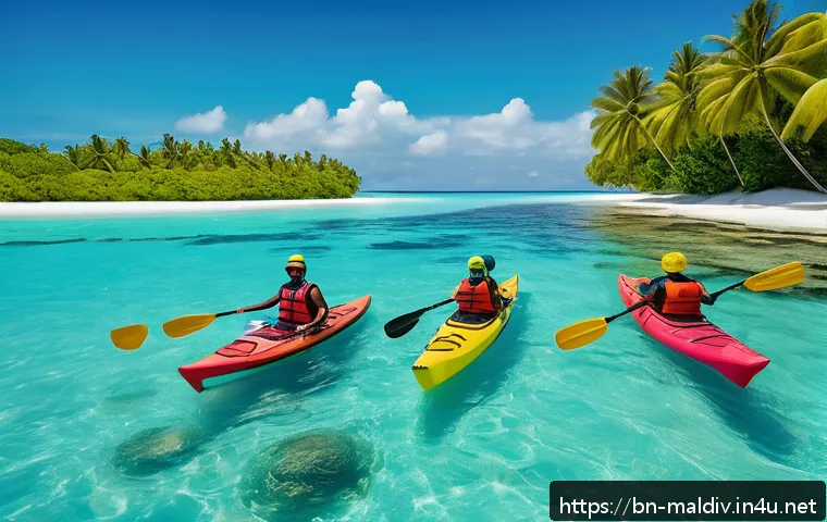 몰디브 워터스포츠 강사 - A skilled watersports instructor teaching a diverse group of tourists in the Maldives, all wearing c...