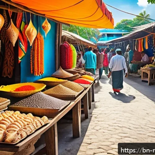 몰디브 전통 시장 투어 - A vibrant traditional Maldivian market scene bustling with local vendors selling handcrafted jewelry...
