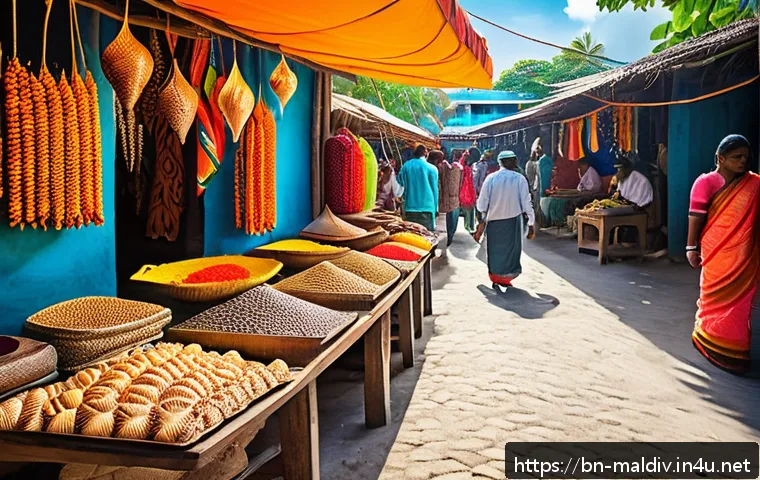 몰디브 전통 시장 투어 - A vibrant traditional Maldivian market scene bustling with local vendors selling handcrafted jewelry...