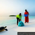 몰디브 환경 보호 캠페인 - Photorealistic Maldives environmental protection campaign, Bangladeshi and Maldivian volunteer famil...