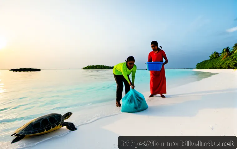 몰디브 환경 보호 캠페인 - Photorealistic Maldives environmental protection campaign, Bangladeshi and Maldivian volunteer famil...