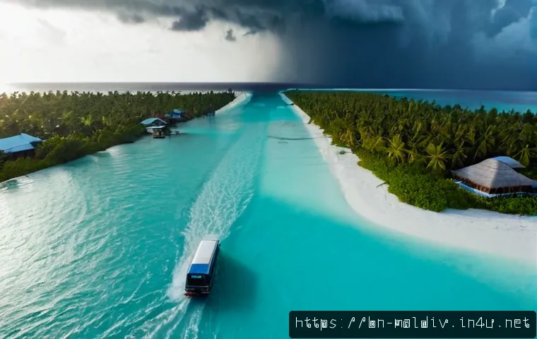 Home 17 몰디브 환경재난 사례 - Photorealistic aerial view of a low-lying Maldives island during severe coastal flooding, turquoise ...