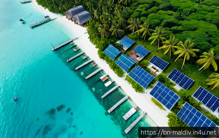 몰디브 기후 협약 참여 - Photorealistic aerial view of a Maldivian island community with turquoise lagoon, solar panels on ro...